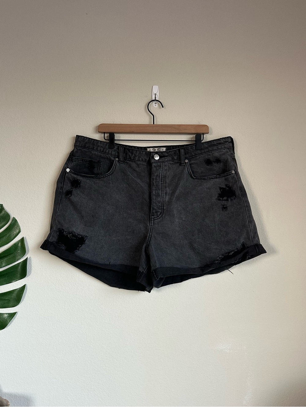 Free People Curvy Black Wash Distressed Jeans Shorts